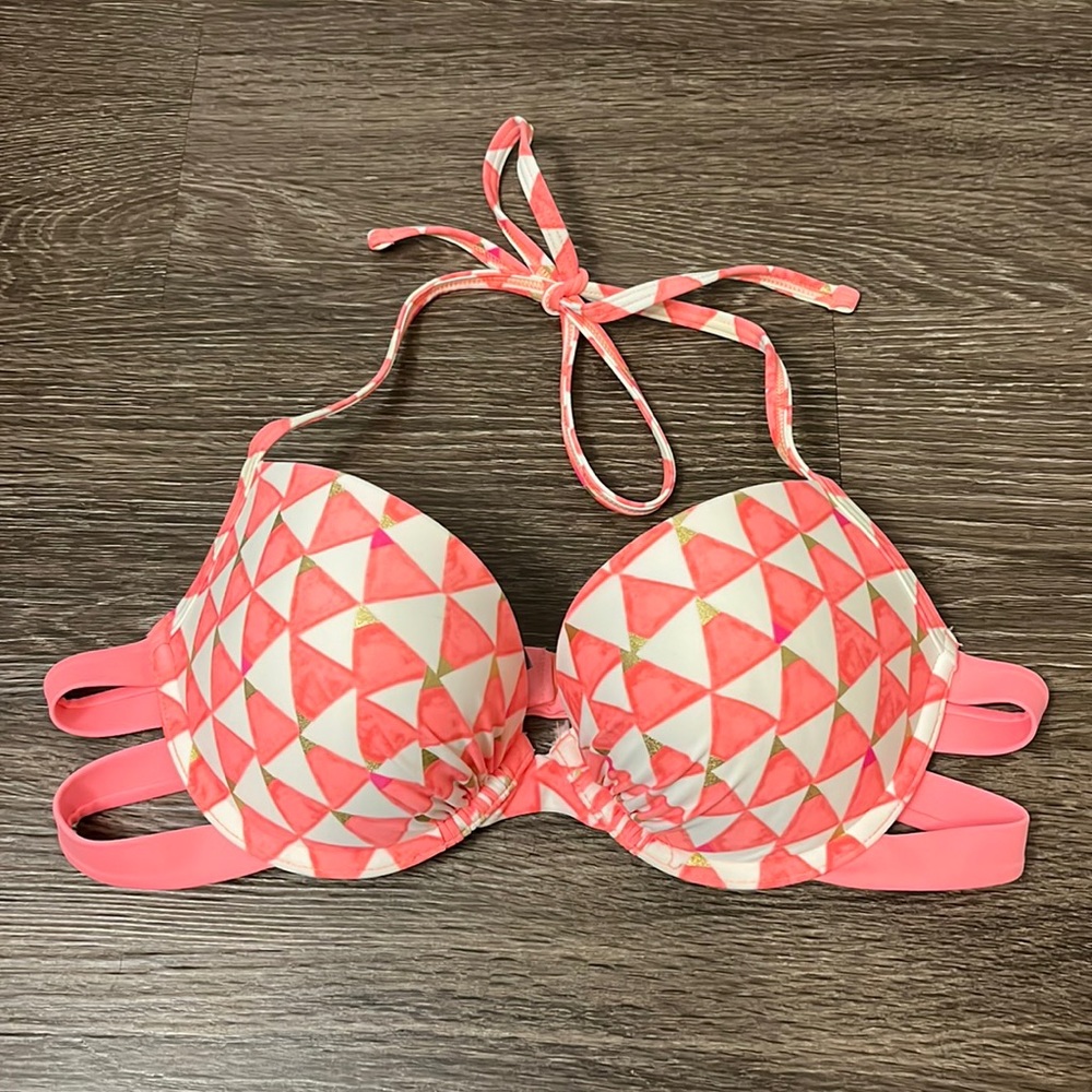 Aerie Brooke push-up neon pink and white bikini top, size 36B
